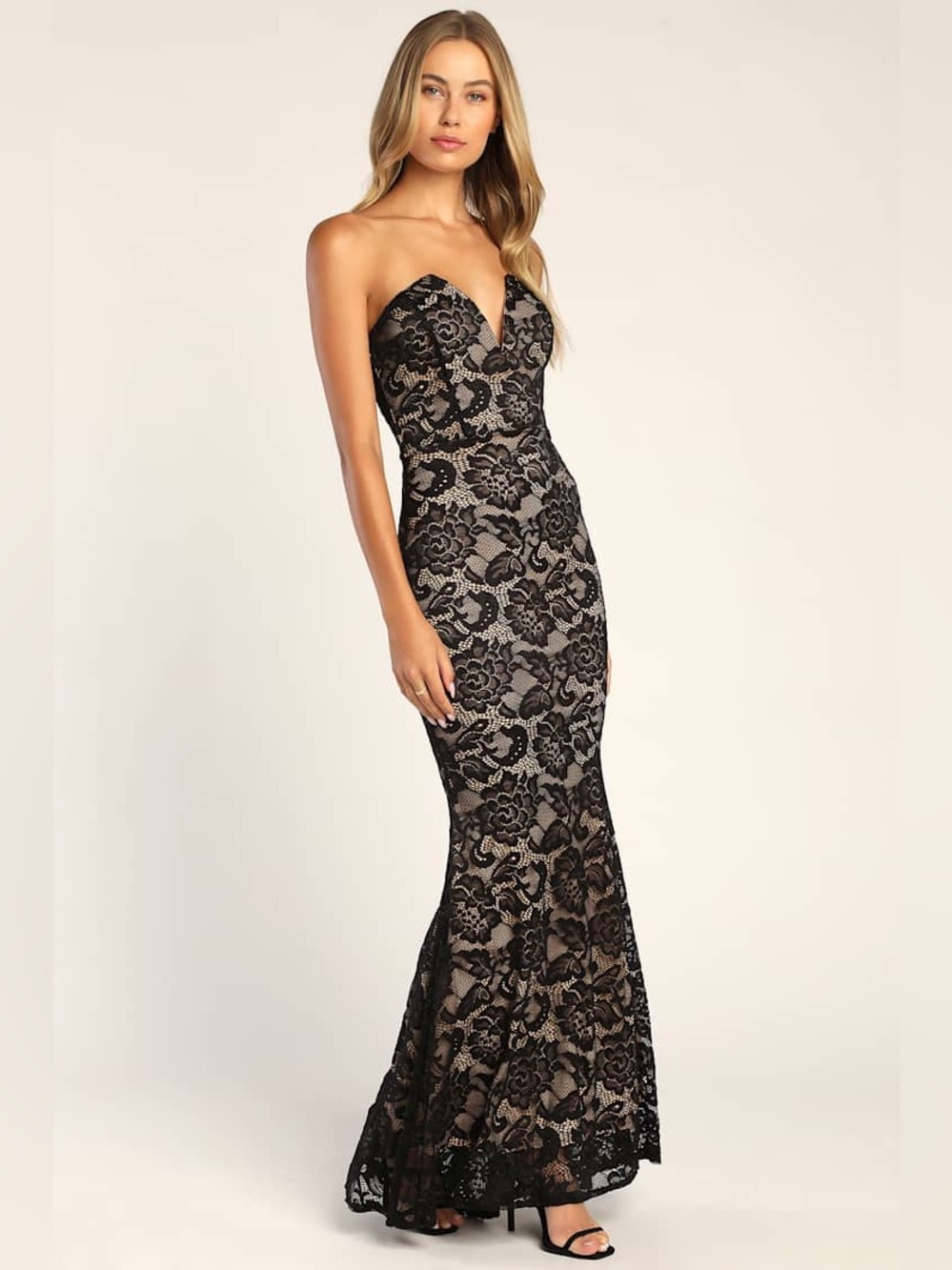Lulus Sexy Sophistication Black Lace Strapless Trumpet Maxi Dress Size L NWT